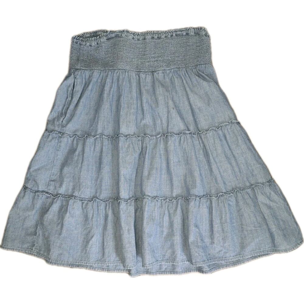 J Crew Blue Cotton Tiered Skirt Elastic Waist Large